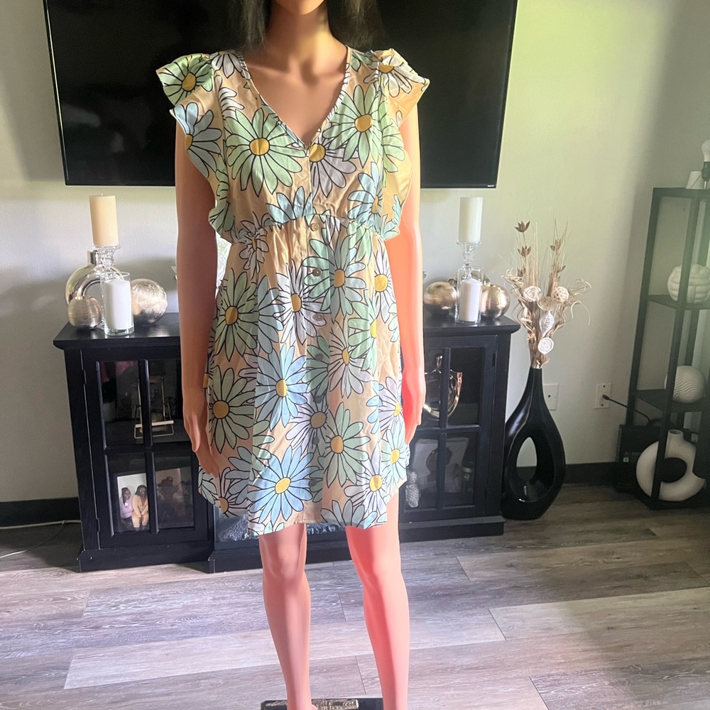 SHEIN V-Neck Yellow Floral Mini Dress